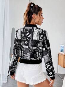 Muchica Floral & Letter Graphic Zip Up Bomber Jacket - Black and White - View 2