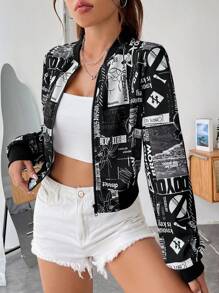 Muchica Floral & Letter Graphic Zip Up Bomber Jacket - Black and White - View 1