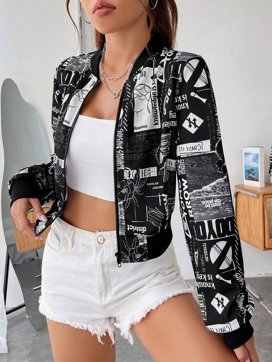 Muchica Floral & Letter Graphic Zip Up Bomber Jacket - Black and White - View 1