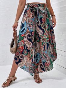 SHEIN LUNE 大碼佩斯利印花腰帶闊腿褲 - 彩色 - 查看 1