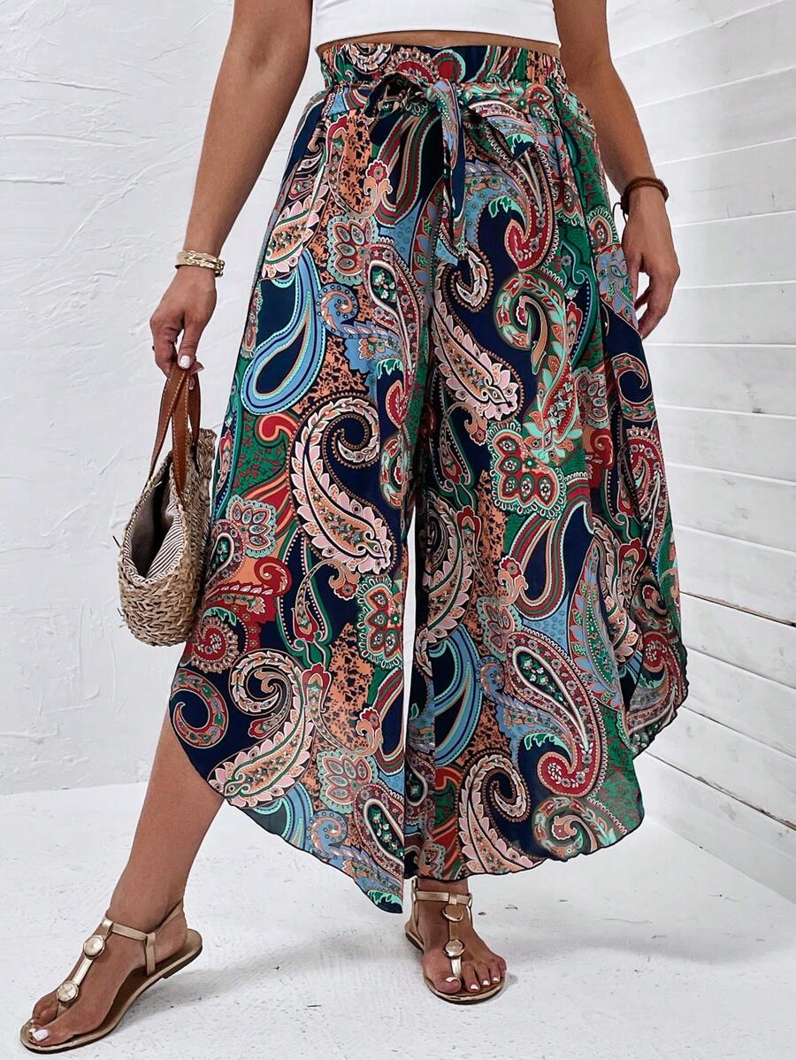 SHEIN LUNE 大碼佩斯利印花腰帶闊腿褲 - 彩色 - 查看 1