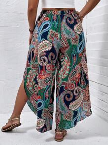 SHEIN LUNE 大碼佩斯利印花腰帶闊腿褲 - 彩色 - 查看 2