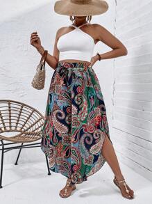 SHEIN LUNE 大碼佩斯利印花腰帶闊腿褲 - 彩色 - 查看 3