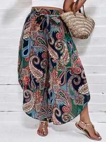 SHEIN LUNE 大碼佩斯利印花腰帶闊腿褲 - 彩色 - 查看 4