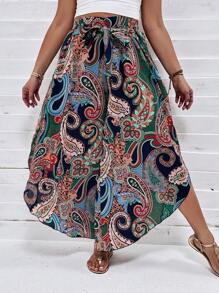 SHEIN LUNE 大碼佩斯利印花腰帶闊腿褲 - 彩色 - 查看 5