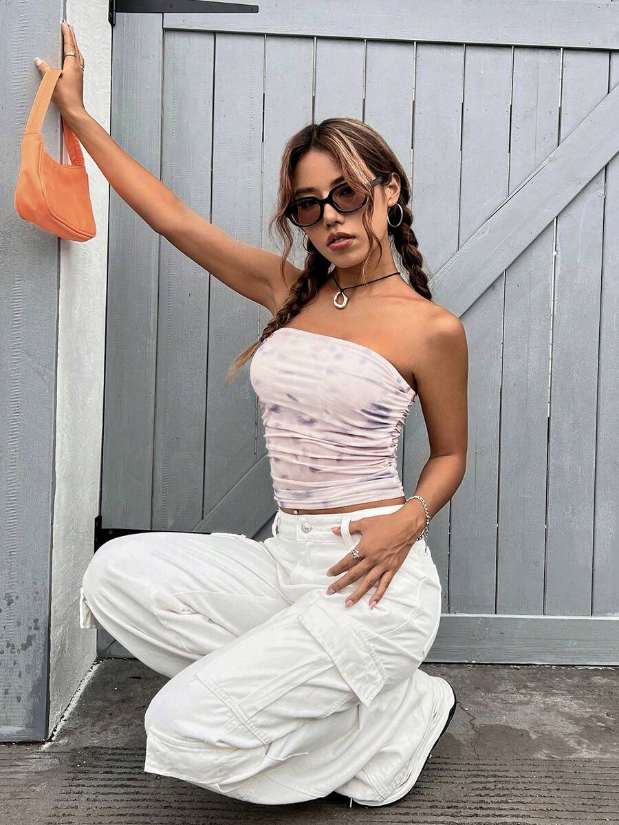 SHEIN EZwear Top bandeau de space dye fruncido lateral - Rosa Pálido - Ver 1