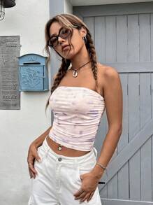 SHEIN EZwear Top bandeau de space dye fruncido lateral - Rosa Pálido - Ver 4