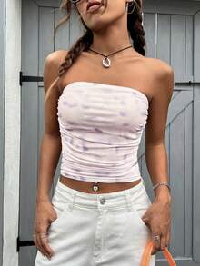 SHEIN EZwear Top bandeau de space dye fruncido lateral - Rosa Pálido - Ver 5