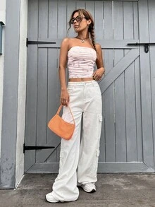 SHEIN EZwear Top bandeau de space dye fruncido lateral - Rosa Pálido - Ver 6