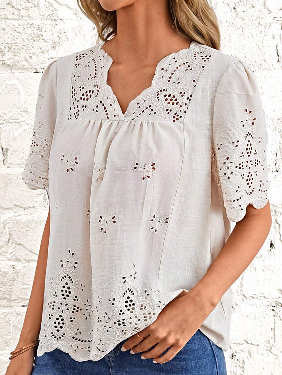 EMERY ROSE Áo sơ mi nữ Sò điệp Tranh thêu màu trơn Boho - trắng - Xem 1