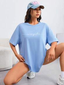 SHEIN EZwear Đồ họa Chữ cái Thả vai Áo phông Quá khổ - Màu xanh nhạt - Xem 1