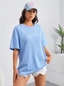 SHEIN EZwear Đồ họa Chữ cái Thả vai Áo phông Quá khổ - Màu xanh nhạt - Xem 3