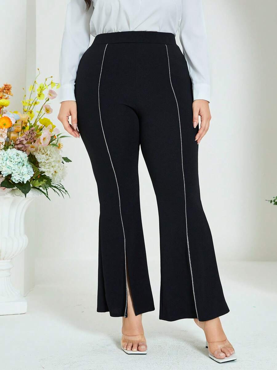 Mulvari Plus Contrast Piping Split Hem Flare Leg Trousers - Black - View 1