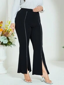 Mulvari Plus Contrast Piping Split Hem Flare Leg Trousers - Black - View 4