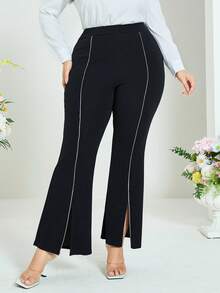 Mulvari Plus Contrast Piping Split Hem Flare Leg Trousers - Black - View 5