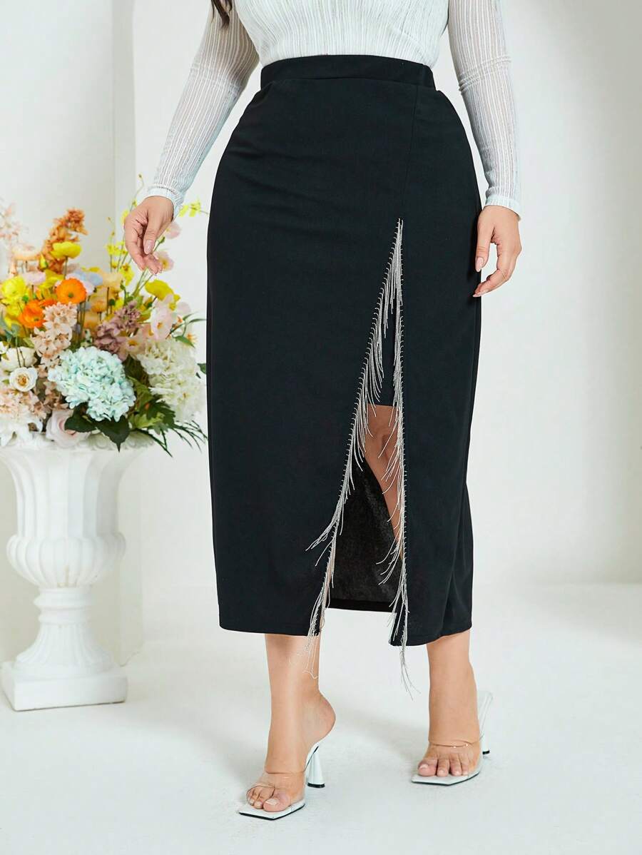 SHEIN Mulvari Plus Fringe Trim Split Thigh Skirt | SHEIN USA