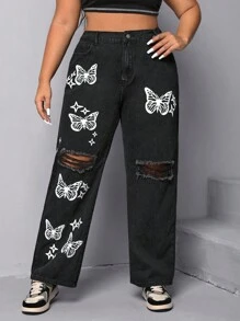 Jeans de pierna recta con estampado de mariposa desgarro - Negro - Ver 1