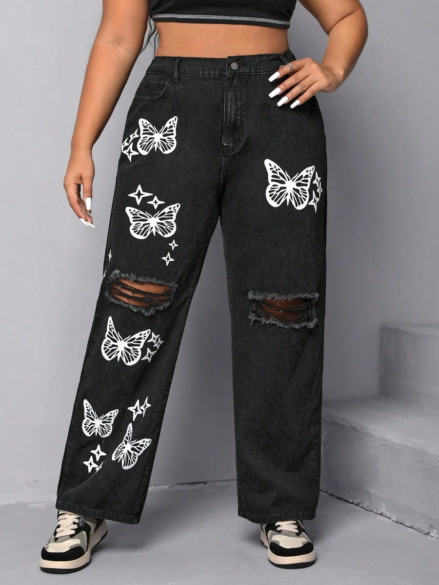 Jeans de pierna recta con estampado de mariposa desgarro - Negro - Ver 1