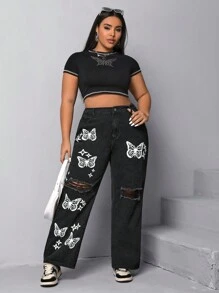Jeans de pierna recta con estampado de mariposa desgarro - Negro - Ver 4
