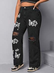 Jeans de pierna recta con estampado de mariposa desgarro - Negro - Ver 5