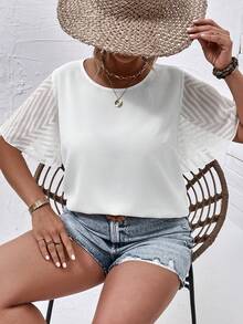 SHEIN LUNE Plus Solid Contrast Mesh Butterfly Sleeve Blouse - White - View 3