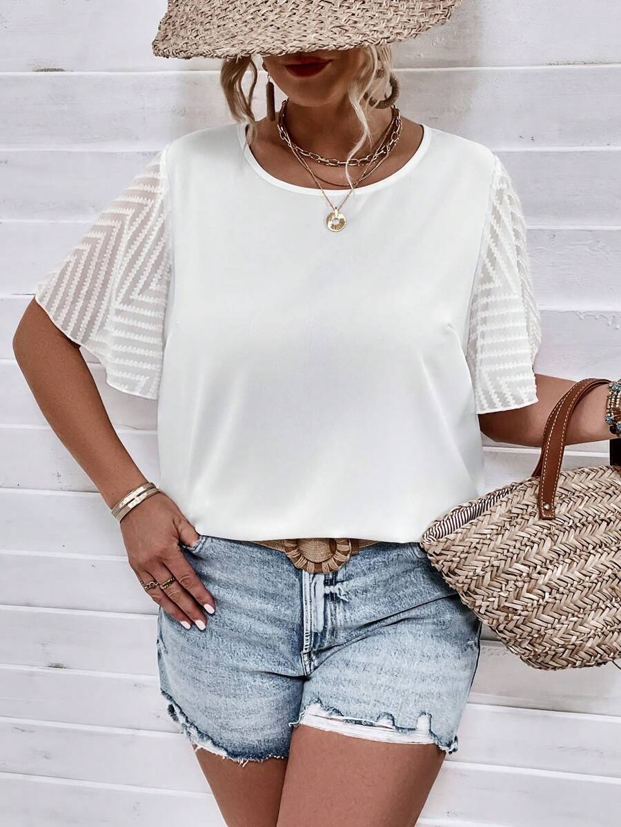 SHEIN LUNE Plus Solid Contrast Mesh Butterfly Sleeve Blouse - White - View 1