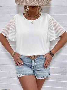 SHEIN LUNE Plus Solid Contrast Mesh Butterfly Sleeve Blouse - White - View 5