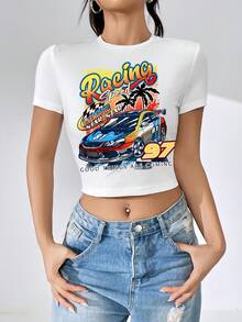 SHEIN Coolane Áo thun nữ Ô tô/xe hơi Slogan Giải trí - trắng - Xem 4