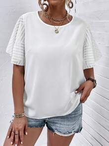 SHEIN LUNE Plus Solid Contrast Mesh Butterfly Sleeve Blouse - White - View 6