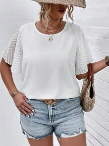 SHEIN LUNE Plus Solid Contrast Mesh Butterfly Sleeve Blouse - White - View 7