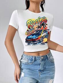 SHEIN Coolane Áo thun nữ Ô tô/xe hơi Slogan Giải trí - trắng - Xem 6