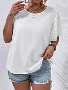 SHEIN LUNE Plus Solid Contrast Mesh Butterfly Sleeve Blouse - White - View 8