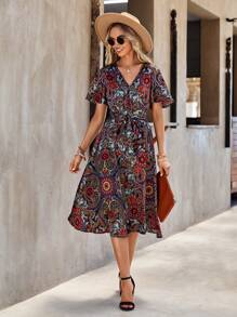 SHEIN Clasi Floral Print Belted Dress - Multicolor - View 1