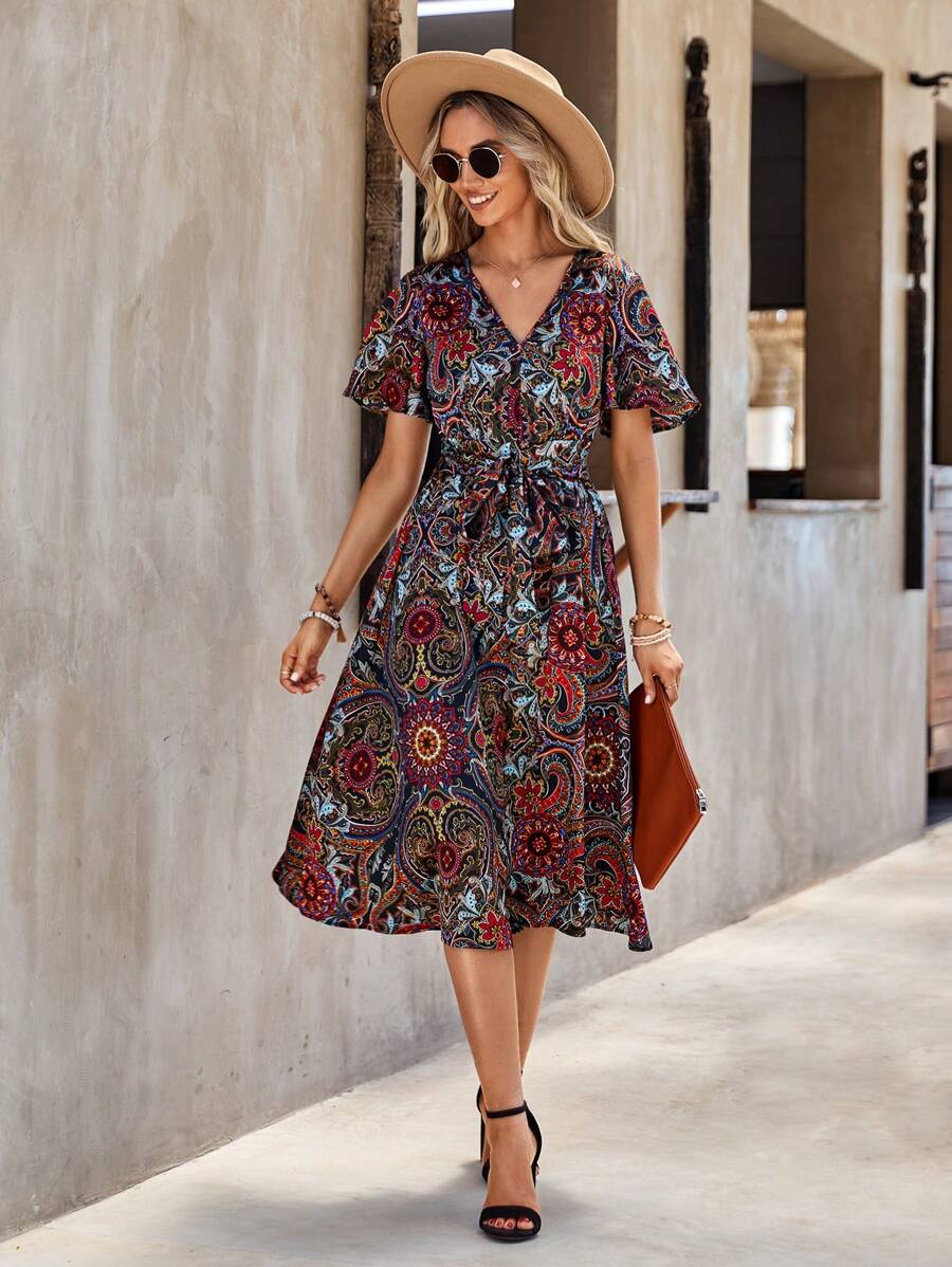 SHEIN Clasi Floral Print Belted Dress - Multicolor - View 1