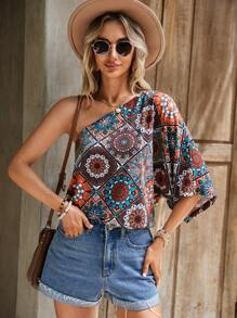 SHEIN LUNE Mandala Print One Shoulder Tee - Multicolor - View 1
