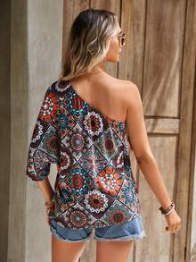 SHEIN LUNE Mandala Print One Shoulder Tee - Multicolor - View 2