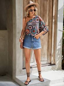 SHEIN LUNE Mandala Print One Shoulder Tee - Multicolor - View 6