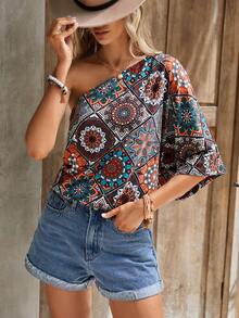 SHEIN LUNE Mandala Print One Shoulder Tee - Multicolor - View 5