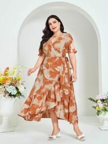 Mulvari 大碼紮染荷葉邊圍裹側打結連衣裙 - 彩色 - 查看 1