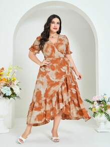 Mulvari 大碼紮染荷葉邊圍裹側打結連衣裙 - 彩色 - 查看 5