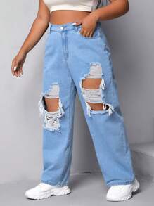 SHEIN Coolane Quần Denim kích thước lớn Nút Túi Bị tách Dây kéo màu trơn - Rửa nhẹ - Xem 1