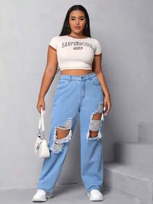 SHEIN Coolane Quần Denim kích thước lớn Nút Túi Bị tách Dây kéo màu trơn - Rửa nhẹ - Xem 3