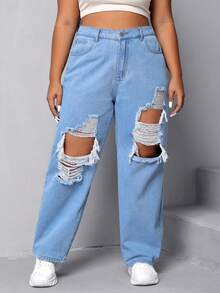 SHEIN Coolane Quần Denim kích thước lớn Nút Túi Bị tách Dây kéo màu trơn - Rửa nhẹ - Xem 4