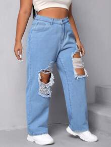 SHEIN Coolane Quần Denim kích thước lớn Nút Túi Bị tách Dây kéo màu trơn - Rửa nhẹ - Xem 5