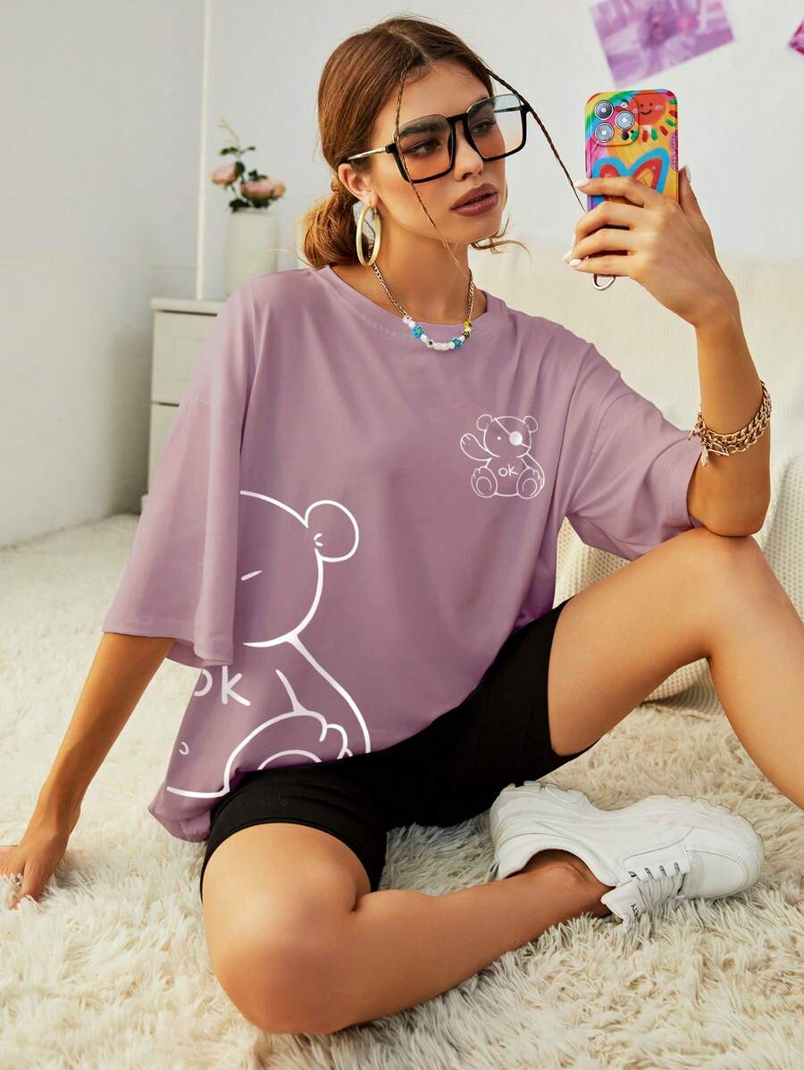 INAWLY 熊印花落肩 T 恤 图案 T 恤 女式上衣 - 藕粉色 - 查看 1