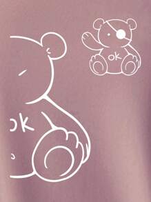 INAWLY 熊印花落肩 T 恤 图案 T 恤 女式上衣 - 藕粉色 - 查看 3