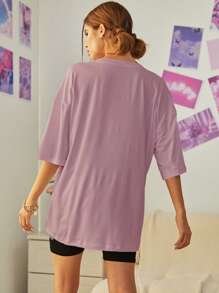 INAWLY 熊印花落肩 T 恤 图案 T 恤 女式上衣 - 藕粉色 - 查看 4