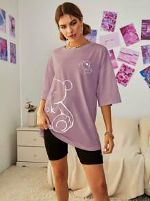 INAWLY 熊印花落肩 T 恤 图案 T 恤 女式上衣 - 藕粉色 - 查看 5