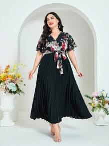 Mulvari Đầm Plus Size Thắt lưng Xếp li Trọn gói Hoa Thanh lịch - Nhiều màu - Xem 3