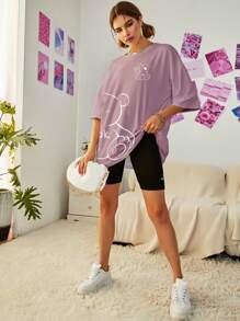 INAWLY 熊印花落肩 T 恤 图案 T 恤 女式上衣 - 藕粉色 - 查看 6